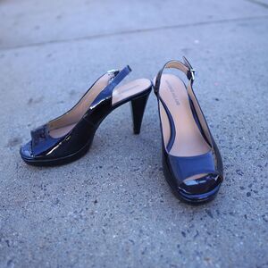 Antonio Melani Navy Patent Slingback Heels 9.5 Peep Toe Platform Pumps Office
